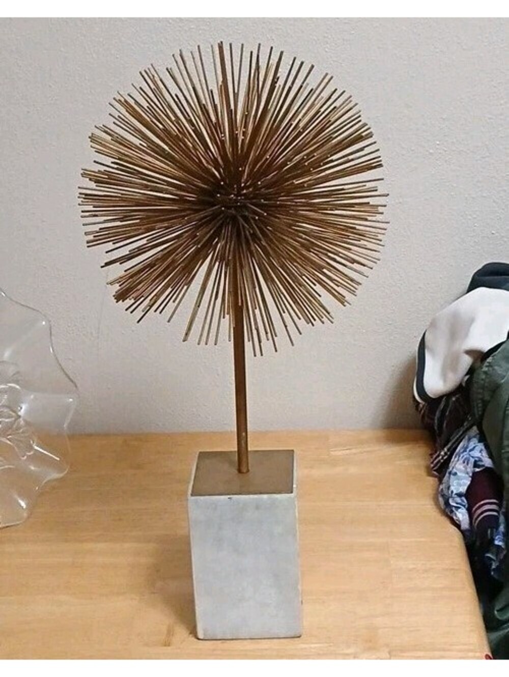 Modern Abstract Starburst Sculpture, Gold Metal on Gray Base, Freestanding